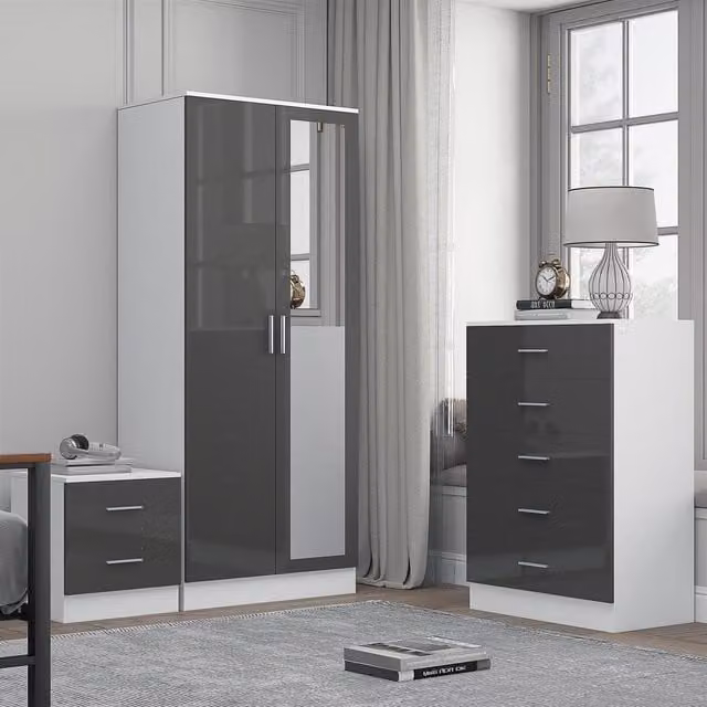 Reflect Modern Bedroom Furniture Set in Grey Gloss and Matt White Finish featuring 2 Door Mirror Wardrobe, 5 Drawer Tallboy Chest and 2 Drawer Bedside Table – 1