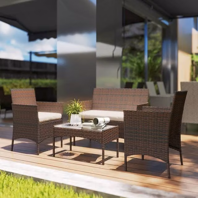 OUTSUNNY 4 Piece Brown Rattan Garden Furniture Sofa Set with Cushions