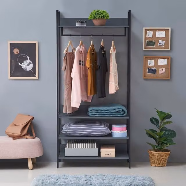 Timber Art Design Zahra Open Wardrobe with Four Shelves in Dark Grey, Width: 83.8 cm – 1