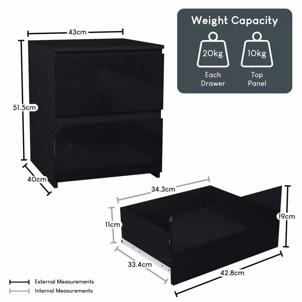 FORGEVIO Modern 2 Drawer Gloss Bedside Chest Storage Cabinet in Black – 2