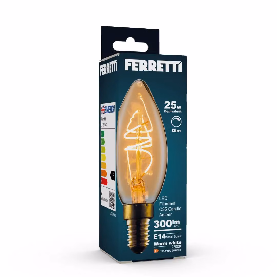 Ferretti C35 Amber LED Candle Spiral Filament Dimmable E14 Light Bulbs, Pack of 6 – 2