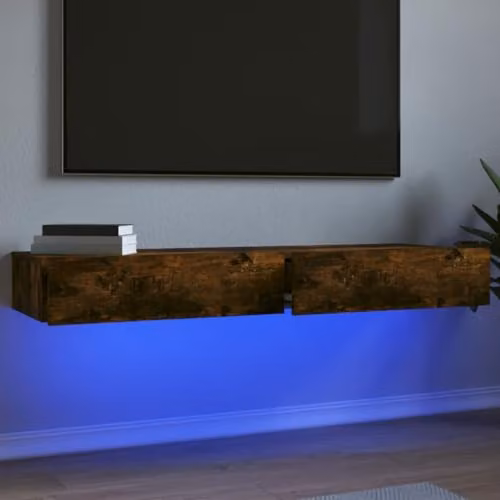 vidaXL Set of 2 Modern Wall-Mounted TV Cabinets with Integrated LED Lighting, Brown, W/D/H: 60 x 35 x 15.5 cm – 2