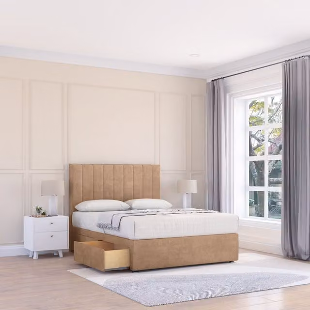Sloomy Kansas Single Divan Bed Base and Floor Standing Headboard in Sand Microfibre Fabric, W/D/H: 90 x 190 cm