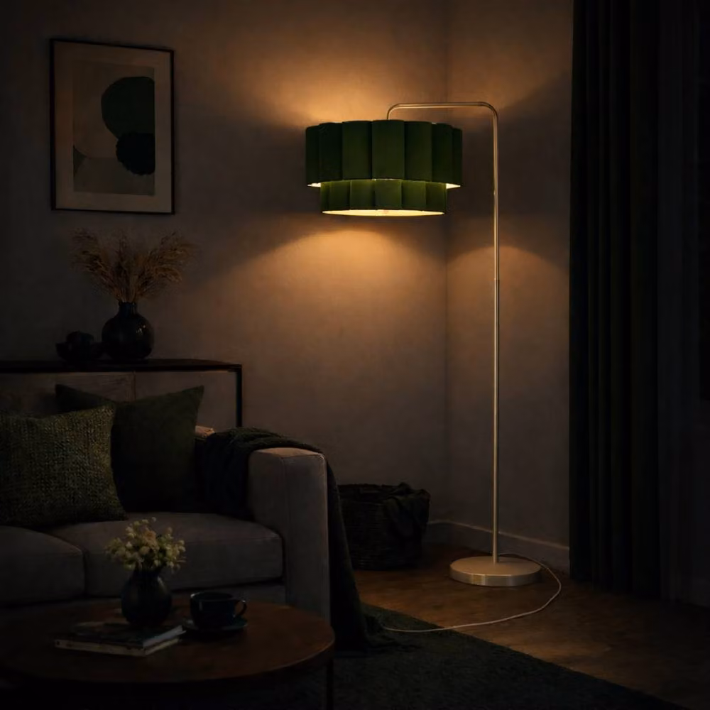 CGC Lighting Kyra Cream Angled Floor Lamp with Two Layer Scalloped Dark Green Fabric Lampshade – 2