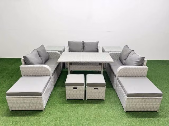 Fimous 10 Seater Rattan Lounge Sofa Set with Metal and Glass in Light Grey