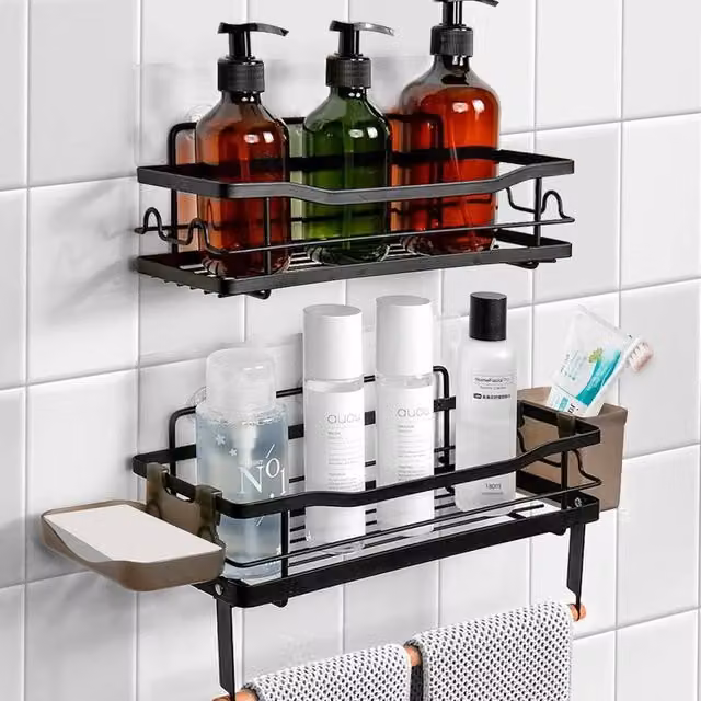 NESTLUNE Set of 2 Self-Adhesive Black Bathroom Shower Shelves with Soap Dish and Toothbrush Holder – 1