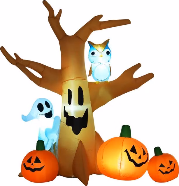 HOMCOM Inflatable Halloween Tree with Ghost, Pumpkins and Owl featuring 4 LED Lights in Brown – 1