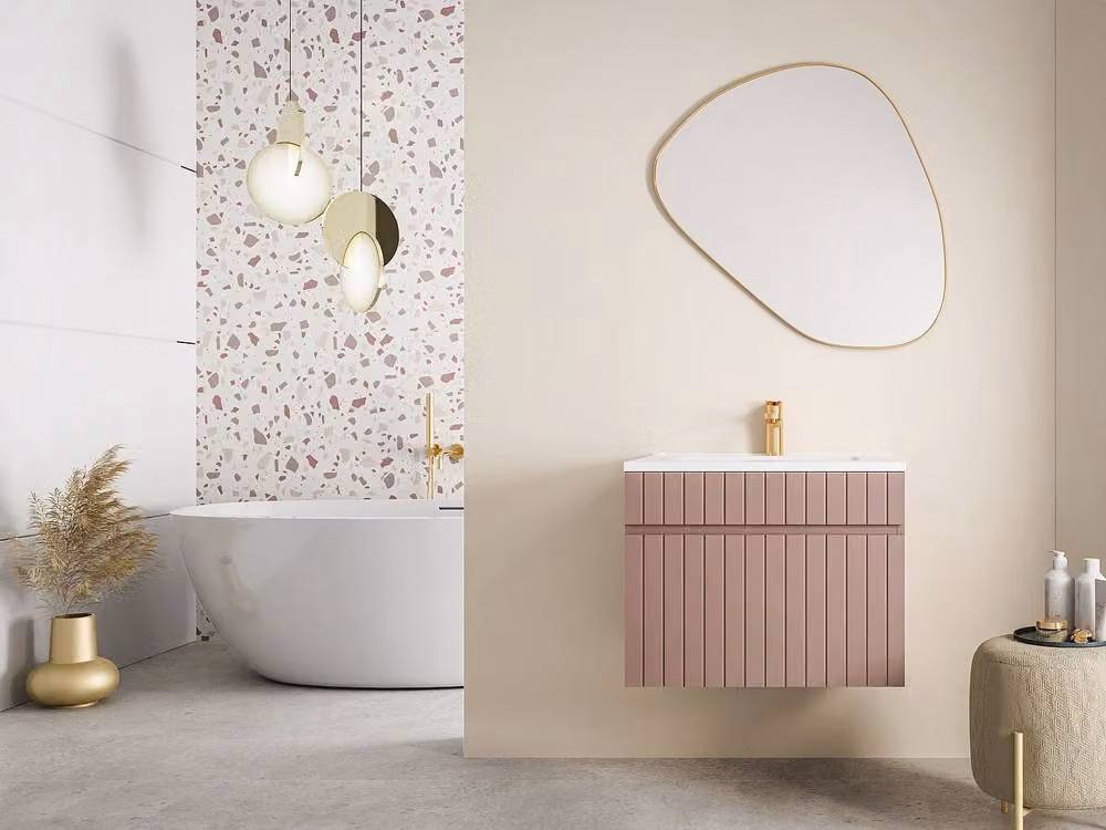 Vente-unique Ribbed Suspended Bathroom Cabinet with Built-in Basin, Pink and White, W: 60 cm, D: 46 cm, H: 46 cm – 2