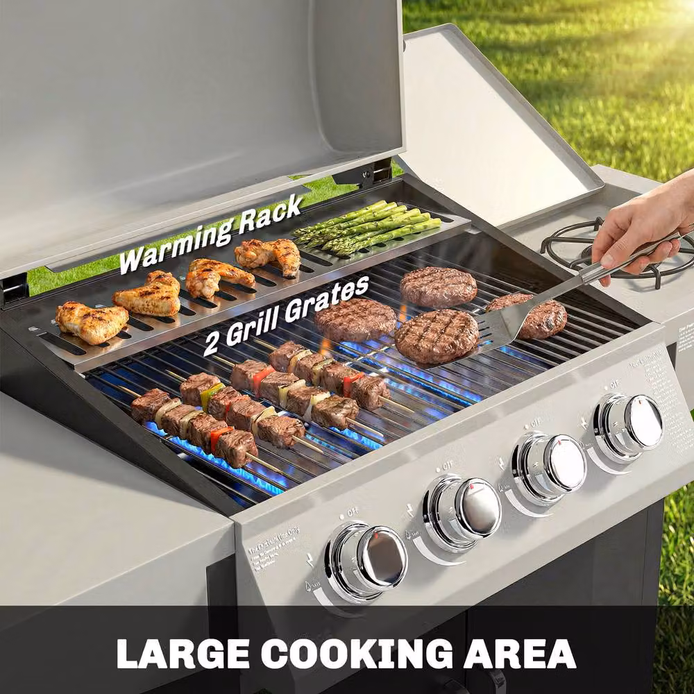 OUTSUNNY 4+1 Burner Propane Gas BBQ Grill with Side Burner and Warming Rack in Silver, W/D/H: 132.4 x 109.0 x 55.0 cm – 4