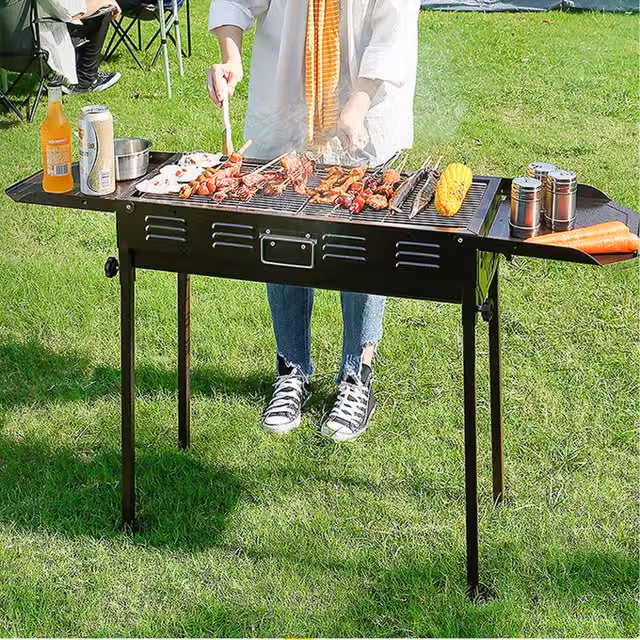 Livingandhome Black Metal Charcoal BBQ Grill with Cart and Flip Up Side Panels