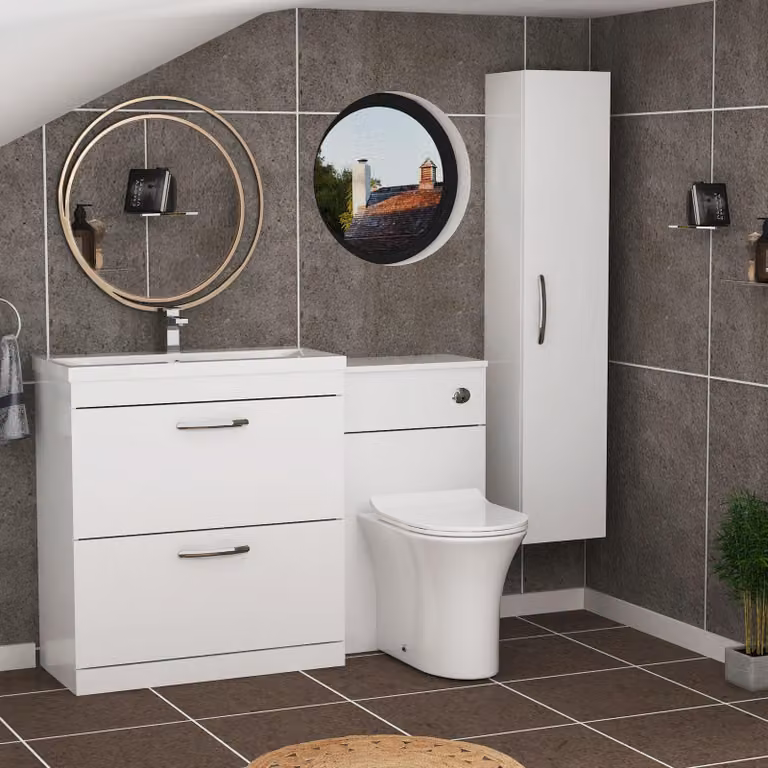 Royal Bathrooms Gloss White 2 Drawer Furniture Pack with Mid Edge Basin and Slim Breeze Back to Wall Toilet, Width: 130 cm