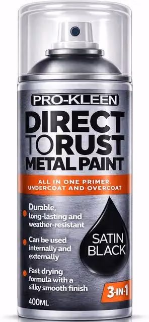 ProKleen Direct to Rust 3-in-1 Metal Paint, Primer, Undercoat and Topcoat, Black Satin Finish, 400ml – 1