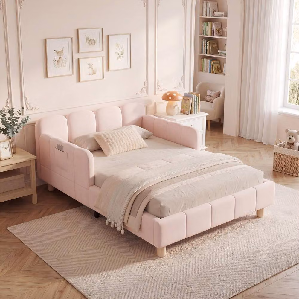 Matteo Pink Velvet Upholstered Single Bed for Children with Safety Rail and Side Compartments, W/D/H: 90 x 200 cm – 4