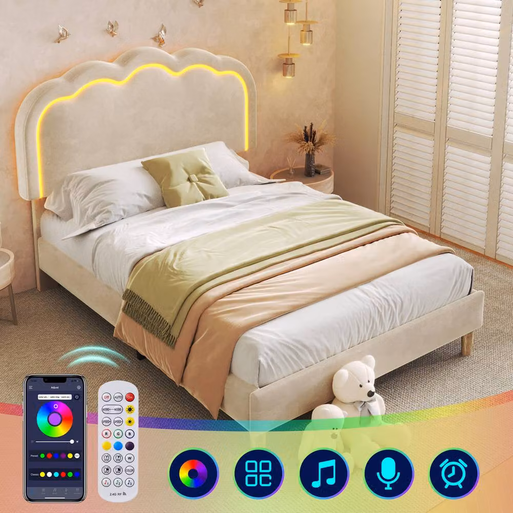 Merax 3FT Single Velvet Upholstered Bed with LED Adjustable Headboard in Beige, W/D/H: 90 x 190 cm – 3