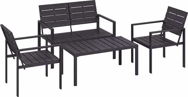 Outsunny 4 Piece Garden Furniture Set in Black with HDPE Slatted Loveseat, Armchairs, Coffee Table and Cushions – 1