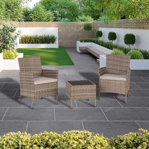 Seconique Willow 3 Piece Grey Polyrattan Garden Set with Upholstered Cushions and Black Glass Coffee Table
