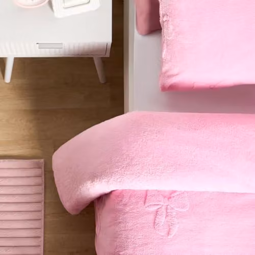 OHS Pink Teddy Fleece Single Duvet Cover and Pillowcase Set with Bows Tufted Design, W/D/H: 135 x 200 cm and 50 x 75 cm – 3