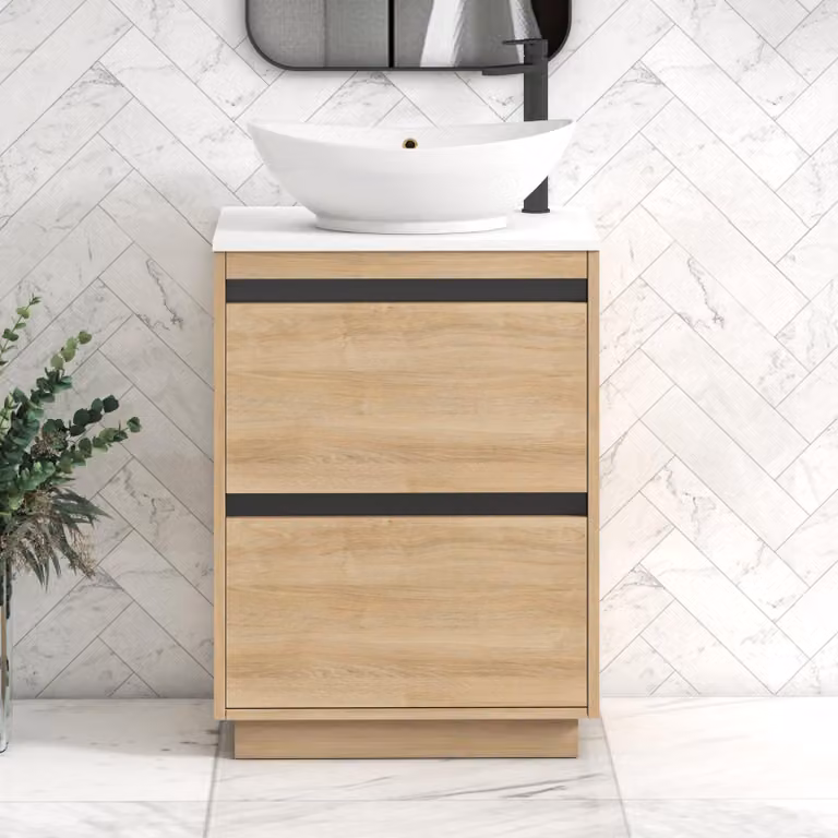 Royal Bathrooms Orion 600mm Natural Oak Floor Standing 2 Drawer Vanity Unit with Amaze Basin and Black Accent Trim