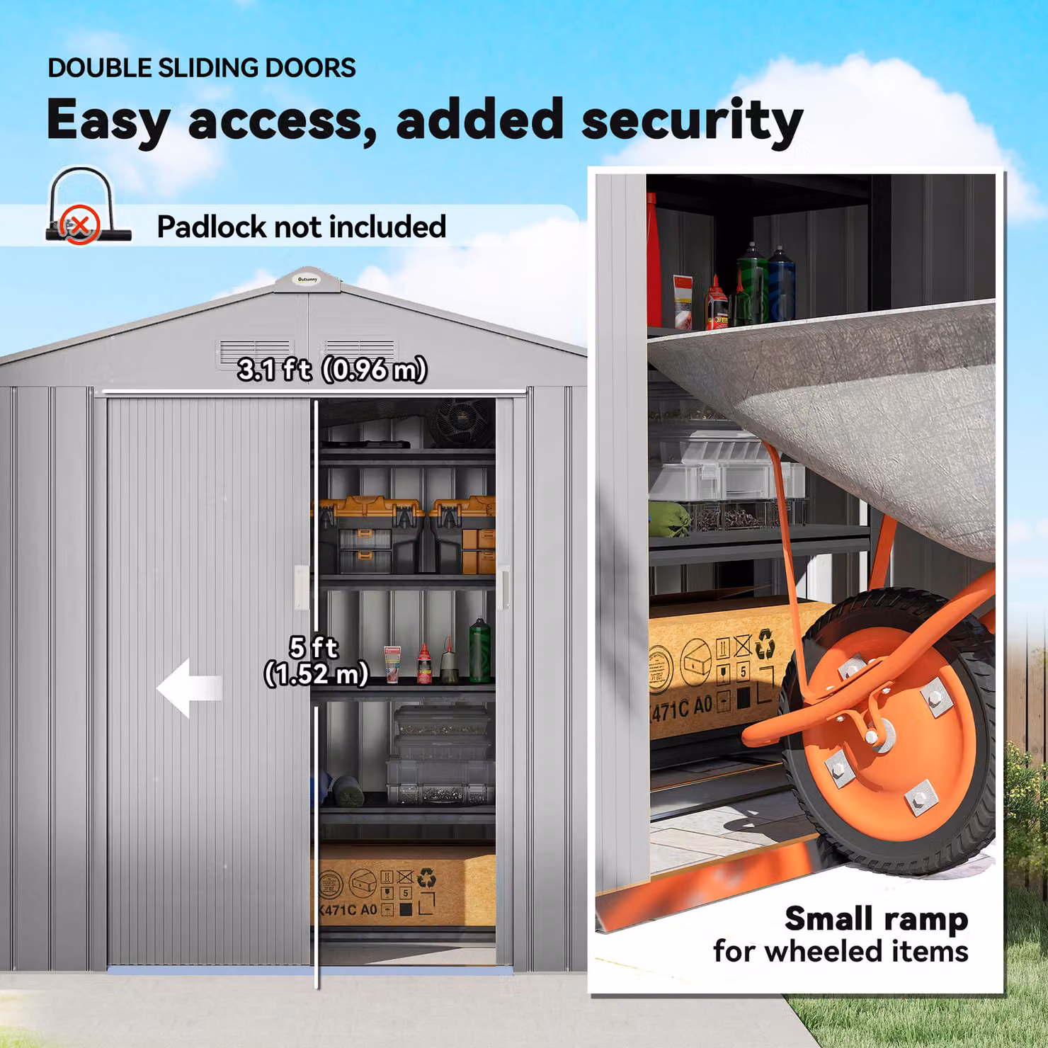Outsunny Lockable Metal Garden Tool Storage Shed in Light Grey, W/D/H: 213.36 x 121.92 x 185 cm – 4