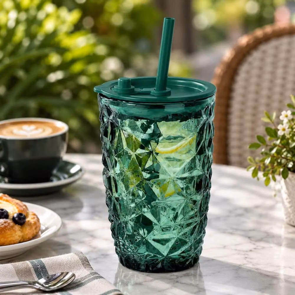 Dyzi Dark Green Borosilicate Glass Tumbler with Lid and Straw, 400ml – 4