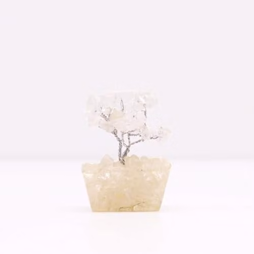KDMD Mini Rock Quartz Gemstone Tree with Orgonite Base in White