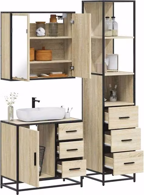 Berkfield Home 3 Piece Industrial Bathroom Furniture Set in Sonoma Oak and Brown – 1