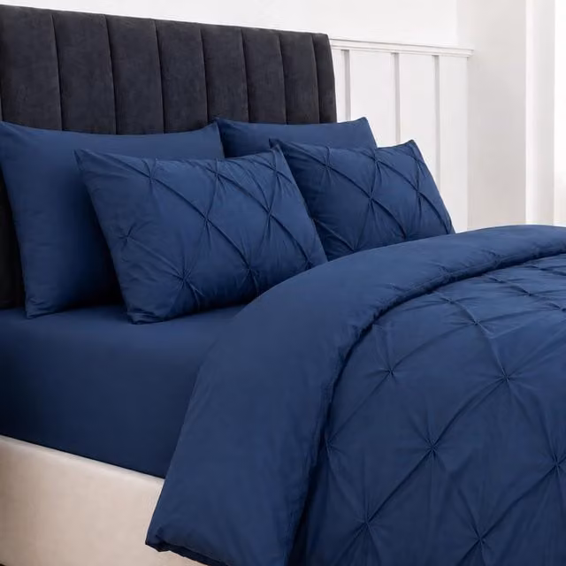 MHG Living Navy Pintuck Microfibre Bedding Set with Duvet Cover, Fitted Sheet and 2 Pillowcases, W/D/H: 260 x 220 x 200 cm – 1