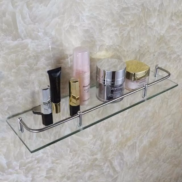 Livingandhome Wall Mounted Transparent Glass and Metal Bathroom Shelf Organizer, Width: 40 cm