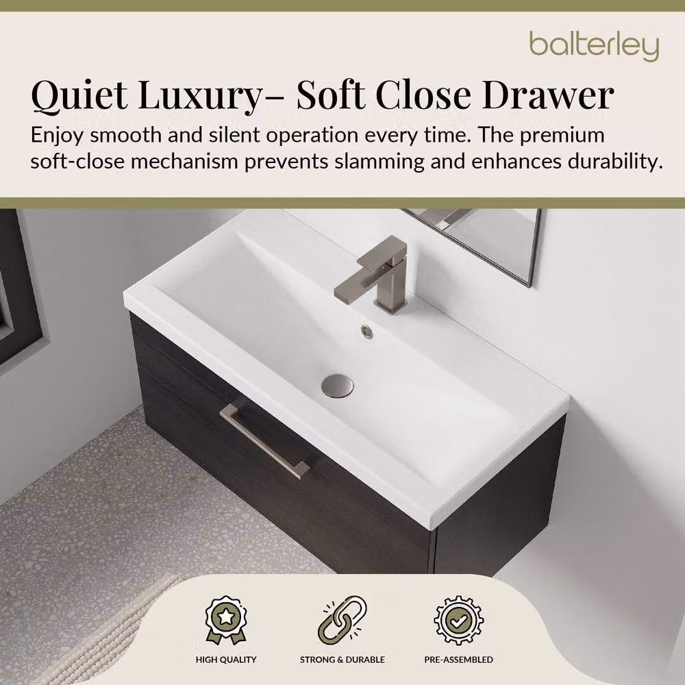 Balterley 800mm Wall Hung 1 Drawer Vanity Unit in Woodgrain Black with Pewter Handle in Black – 3