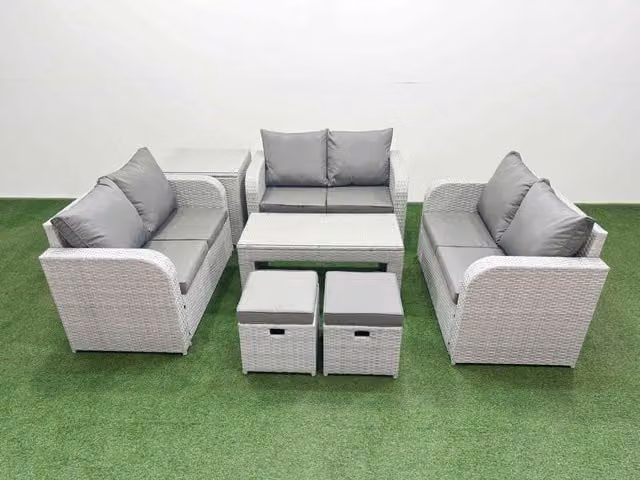 Fimous 8 Seater PE Wicker Rattan Garden Furniture Set in Light Grey with Oblong Coffee Table, 2 Seater Love Sofa and 2 Stool Side Tables