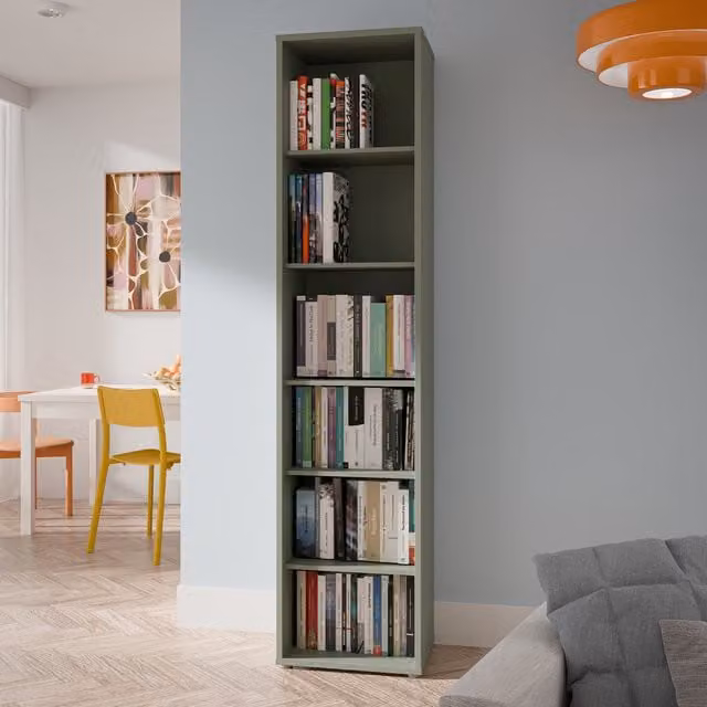 Furniture To Go Alice Springs Tall Narrow Bookcase with 5 Shelves in Taupe and Sage Green