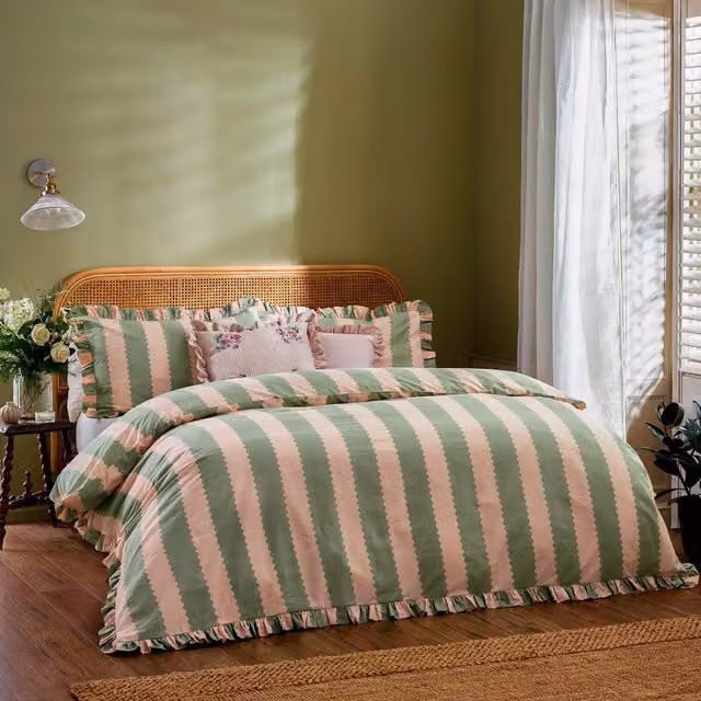 Make it a Home Birdie Stripe Ruffle Reversible Cotton Duvet Cover Set, Pink and Green, W: 180 cm, L: 200 cm