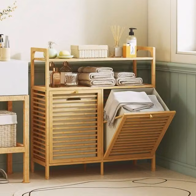 HOMCOM Double Tilt Out Bamboo Laundry Hamper Cabinet in Natural Brown – 1