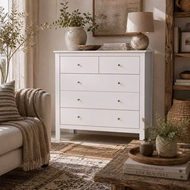Wyld Haus Kesumo White 5 Drawer Chest, Wide Wooden Storage for Bedroom, Hallway or Living Room, W/D/H: 80.5 x 39.5 x 79 cm – 1