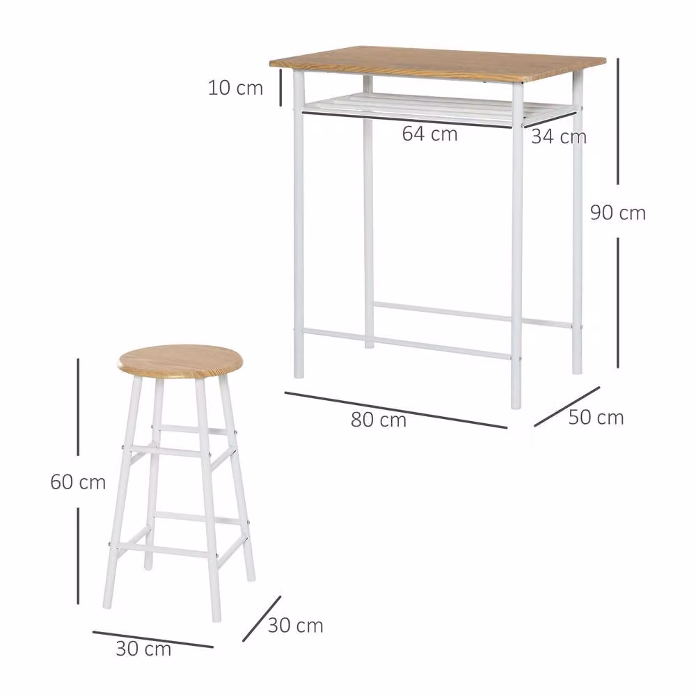 STILVORA Bar Table and Chair Set with Storage Shelf and Steel Frame in Light Oak and White – 2