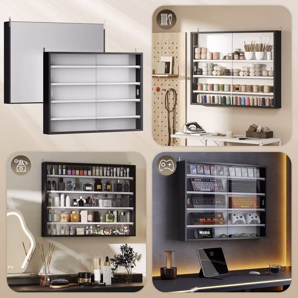 STILVORA Wall Mounted Display Cabinet with Glass Doors and Internal Shelves in Matt Black – 6