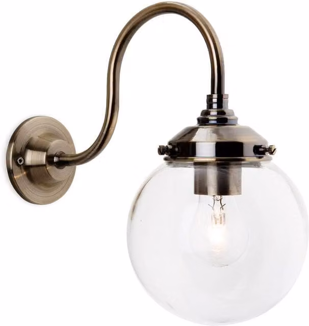 Firstlight Victoria Antique Brass Wall Light with Transparent Glass Sphere, E27, Diameter: 15 cm