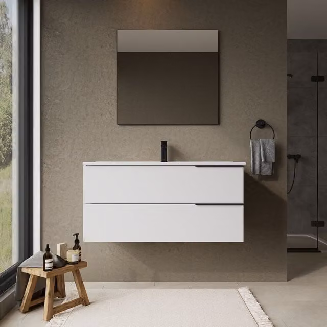 Banyetti Celtic Wall Hung Bathroom Vanity Unit with Athena Basin, Gloss White, W: 100 cm, D: 45 cm, H: 48 cm