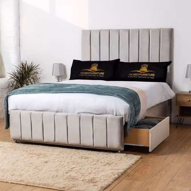 UK Bed Furniture Falcon Divan Bed with 2 Drawers, Foot End and 26 Inch Headboard, Silver, King Size, W/D/H: 180 x 200 cm