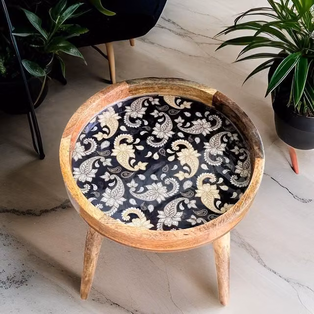 Hartsmede Handmade Round Side Table in Black Solid Mango Wood with French Paisley Design and Detachable Legs