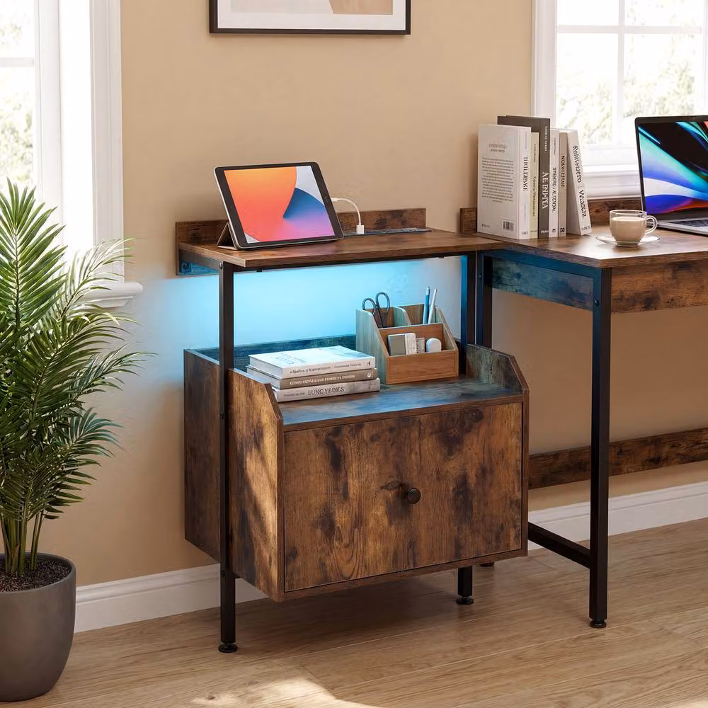 Gymax Industrial Bedside Nightstand with Integrated Lighting and Charging Station, Brown – 8