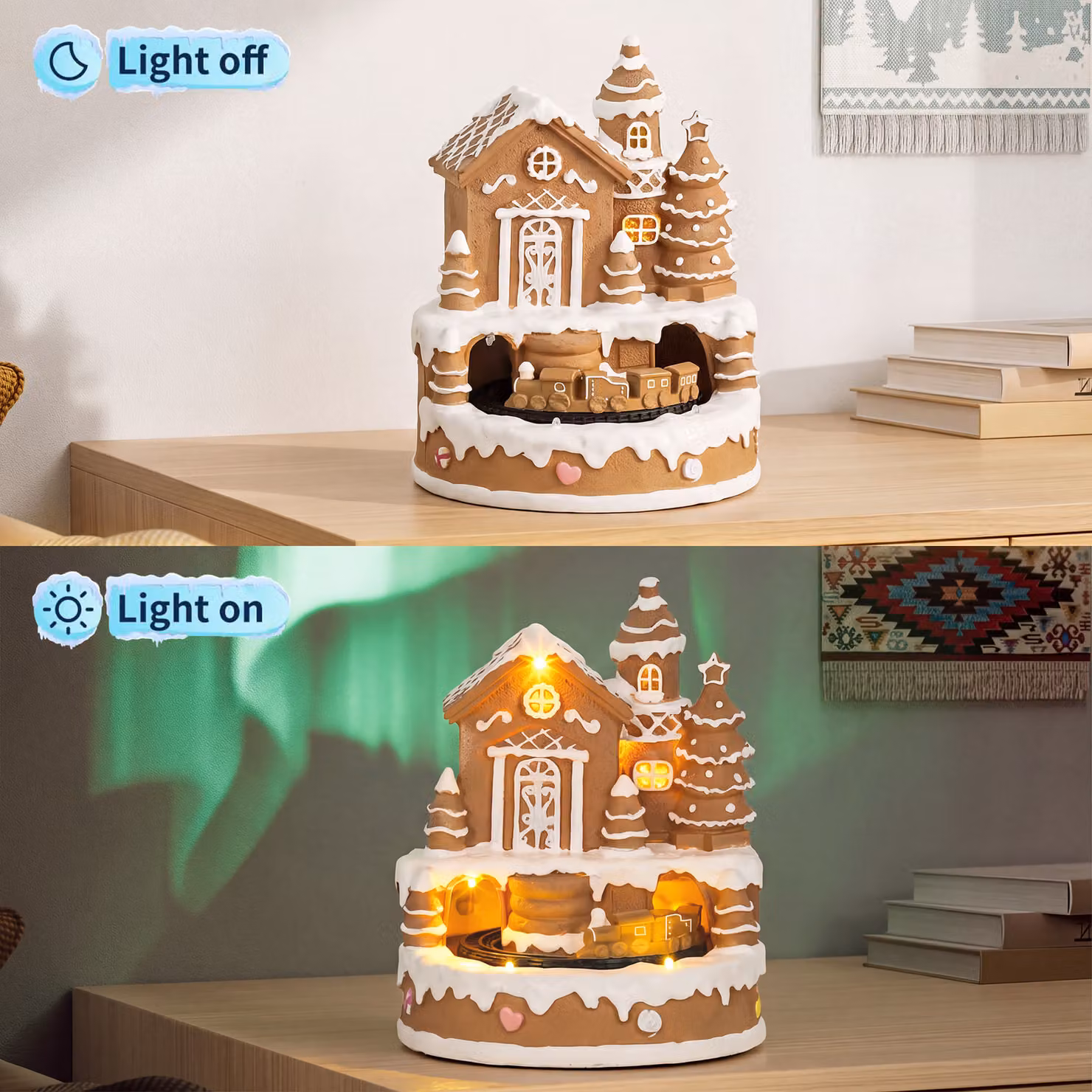 HOMCOM Christmas Gingerbread House Lighted Musical Snow Village with Rotating Train and LEDs in White and Brown – 6