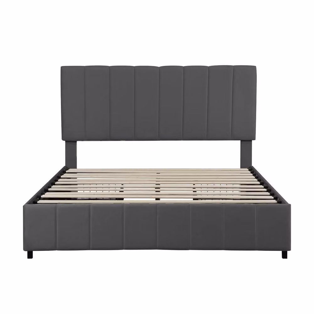 BTM Grey Velvet Upholstered Double Bed with 4 Storage Drawers, W/D/H: 140 x 200 x 143 cm – 4