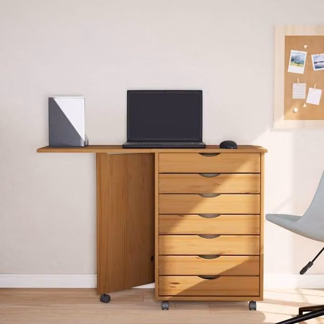 Berkfield Home MOSS Rolling Cabinet with Desk in Honey Brown Solid Wood Pine