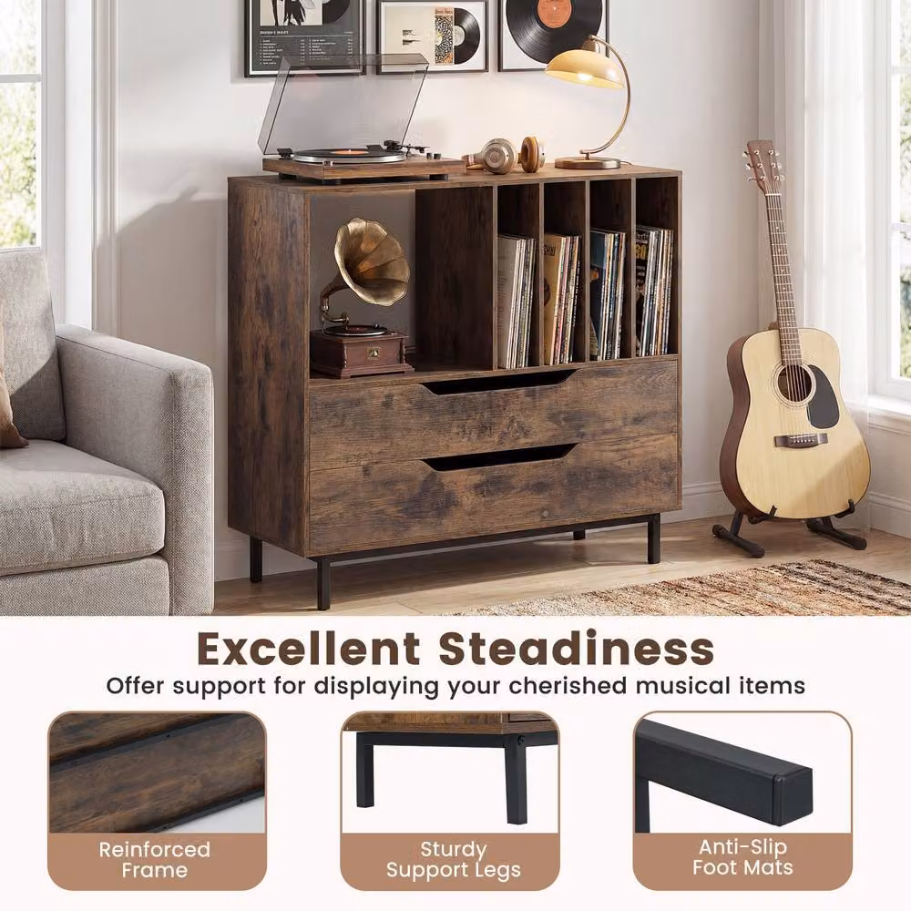 Costway Mid Century Record Player Stand with Open Media Compartment in Brown – 8