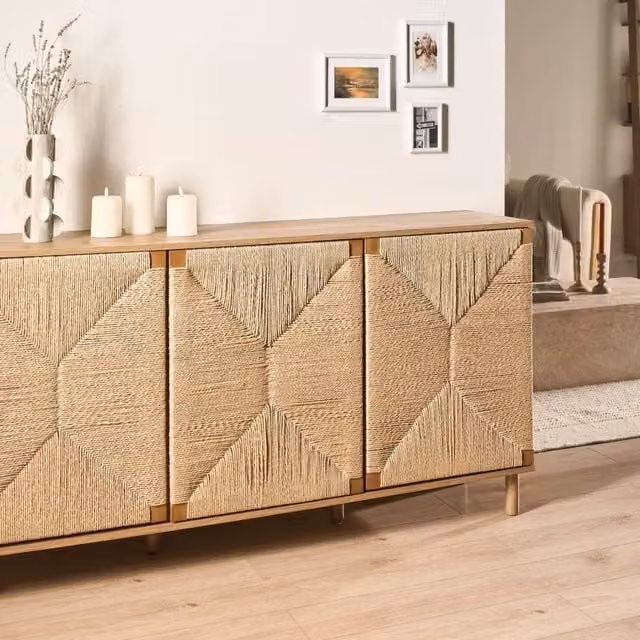 Wyld Haus 3 Door Brown Boho Sideboard with Rattan and Pine Legs – 1