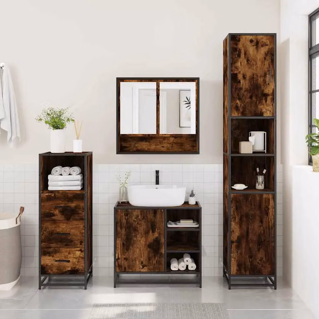 Berkfield Home 3 Piece Industrial Bathroom Furniture Set in Brown Smoked Oak – 3