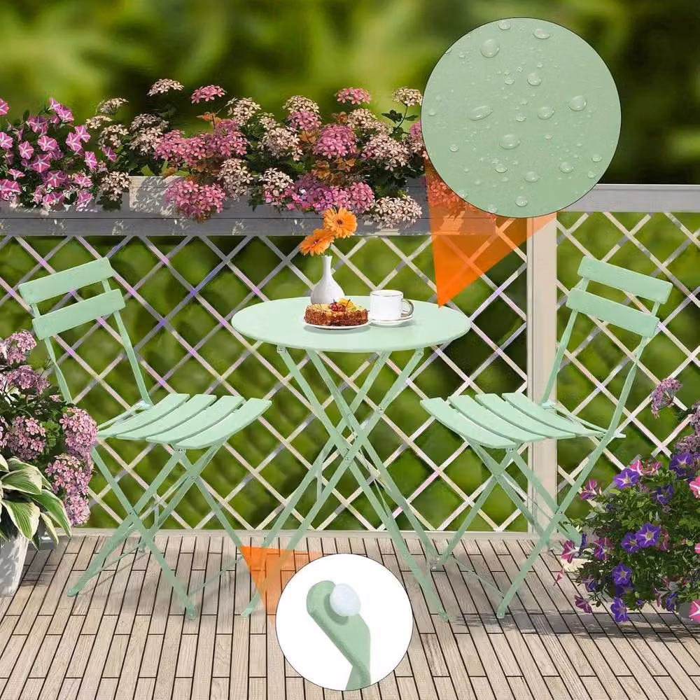 PAWNORA 3-Piece Green Metal Folding Bistro Set for Garden, Balcony or Terrace – 3