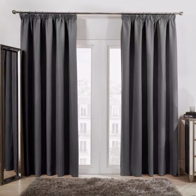 Dreamscene Grey Pencil Pleat Blackout Thermal Curtains, Pair