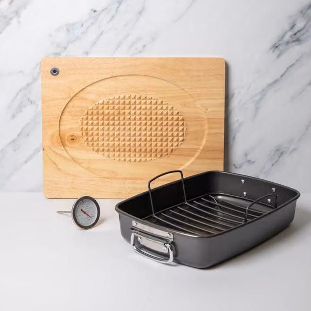 MasterClass 3-Piece Roasting Set with Non-Stick Rectangular Tin, Rack, Carving Board and Wireless Thermometer in Grey